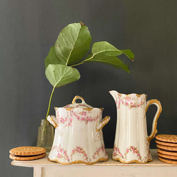 Antique French Porcelain Sugar Bowl and Creamer with Pink Peach