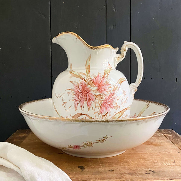 Antique Pink Floral Royal Porcelain Wash Basin & Pitcher by