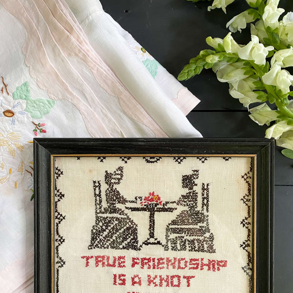 Finished Cross Stitch Framed Vintage Sampler 1930s hand embroidered, offers friends with a cup of tea, friendship, best friends, gift for friend