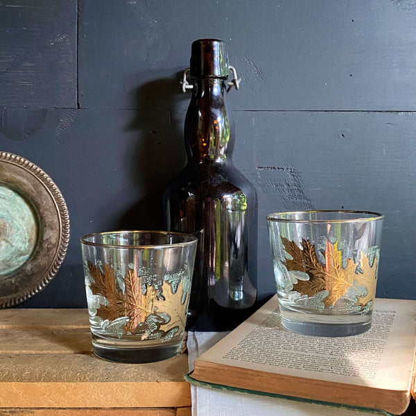 1960s gold drinking glasses Vintage 1960s Gold Oak Leaf Lowball Glasses by Libbey