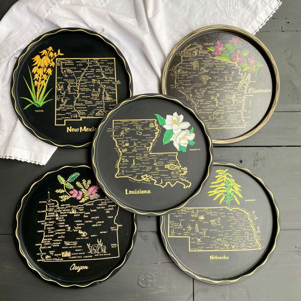 Vintage Metal Serving Trays Featuring US States circa 1960s-1970s