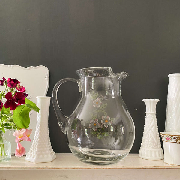 Vintage Handblown Glass Water Pitcher with White Flowers circa 1970s-1 – In  The Vintage Kitchen Shop