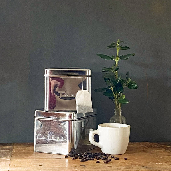 Vintage Midcentury Metal Tea Coffee Canisters Matching Set of Two