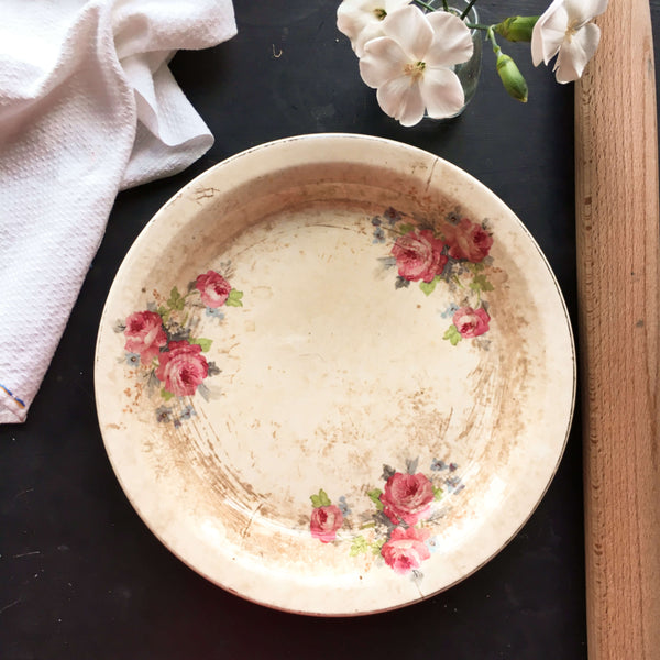 Vintage 1930s Ceramic Pie Dish Pink Floral Weathered Aged and Wel In The Vintage Kitchen Shop