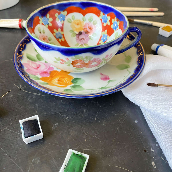 Antique Japanese Porcelain Cup & Saucer - Handpainted Florals circa  1910-1920s