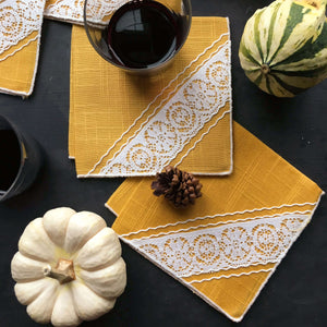 Vintage Yellow Linen Cocktail Napkins with Lace Corner Detail - Set of 4 - Marigold Mustard Squash Colors