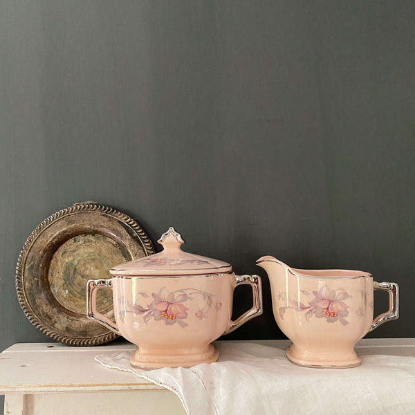 Vintage 1930s Pink Floral Cream & Sugar Set - Royal Beige Ware