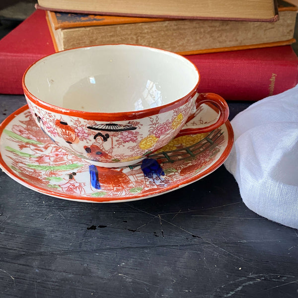 Vintage Takito Japan Cup and Saucer with Cherry Blossoms, Geisha