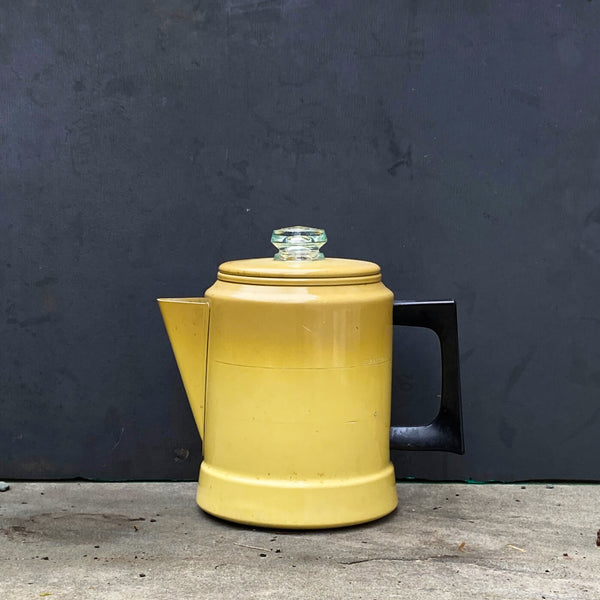 Small 4 Cup Comet Yellow Enamel Percolator Coffee Pot and 1 Cup Yellow and  Black Handled Pan 