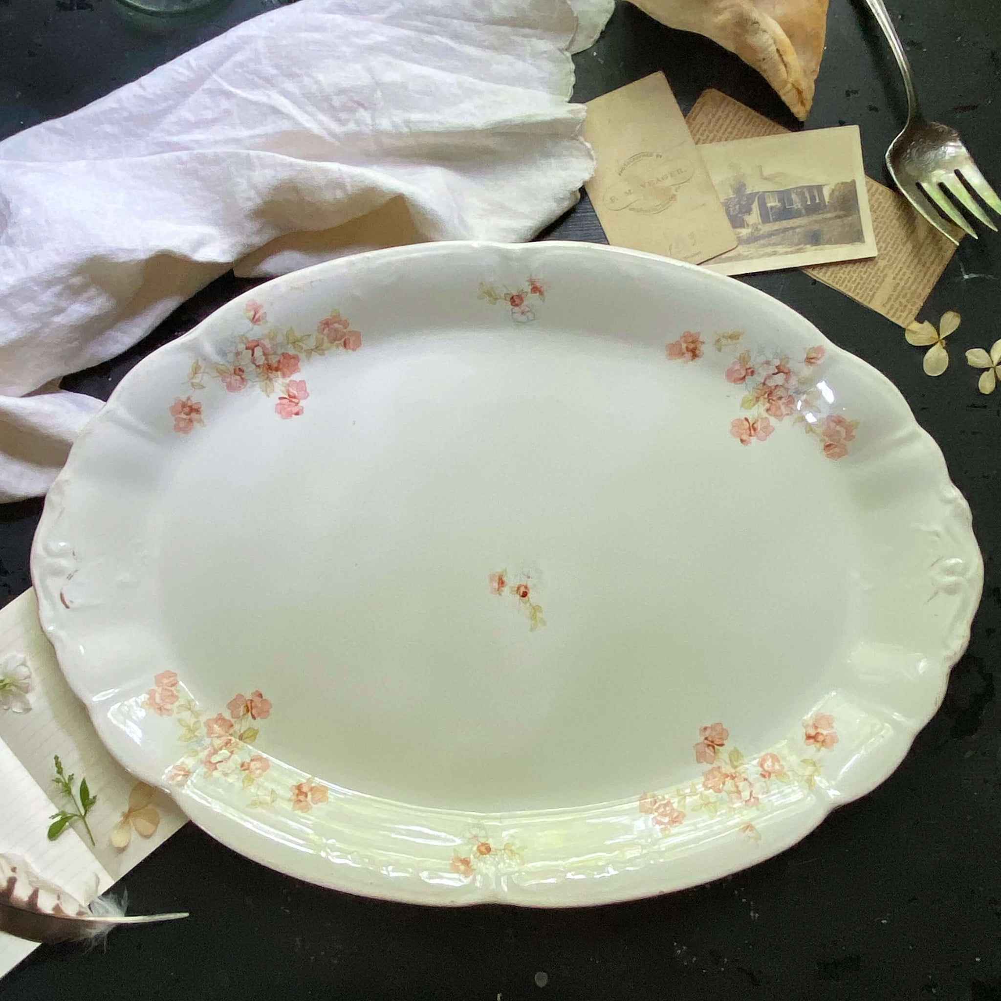 Large Antique Anchor Pottery Platter with Pink & White Flowers circa 1884-1926