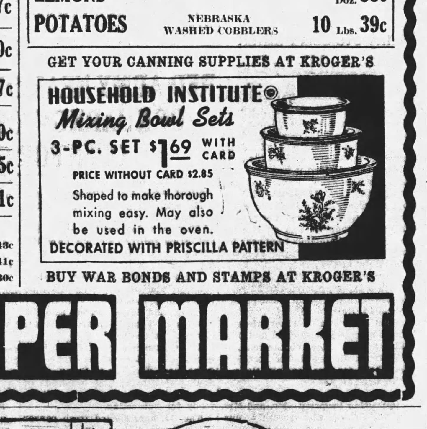 Vintage 1940s Homer Laughlin Kitchen Kraft Mixing Bowls - Priscilla Pattern - Set of Three