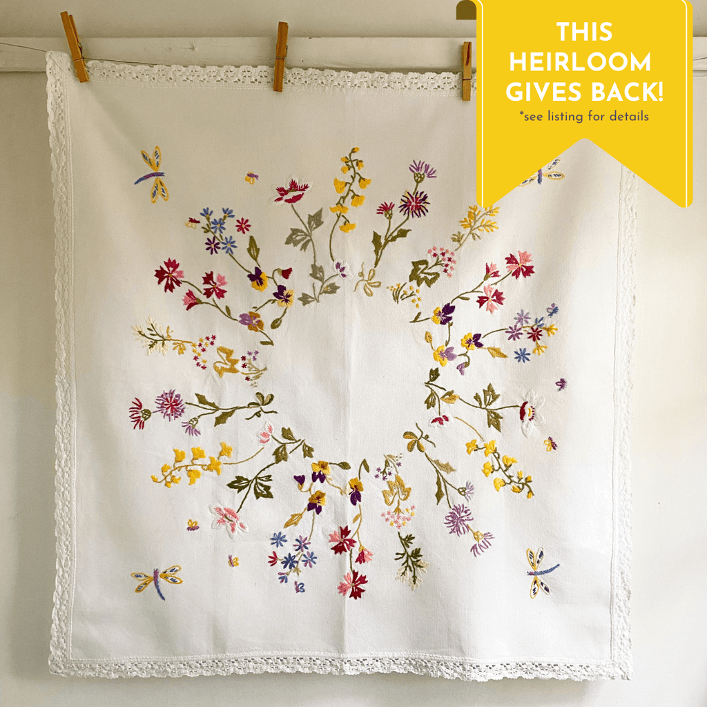 Vintage Embroidered Floral Tablecloth - 31x31 Square with Cotton Lace Trim