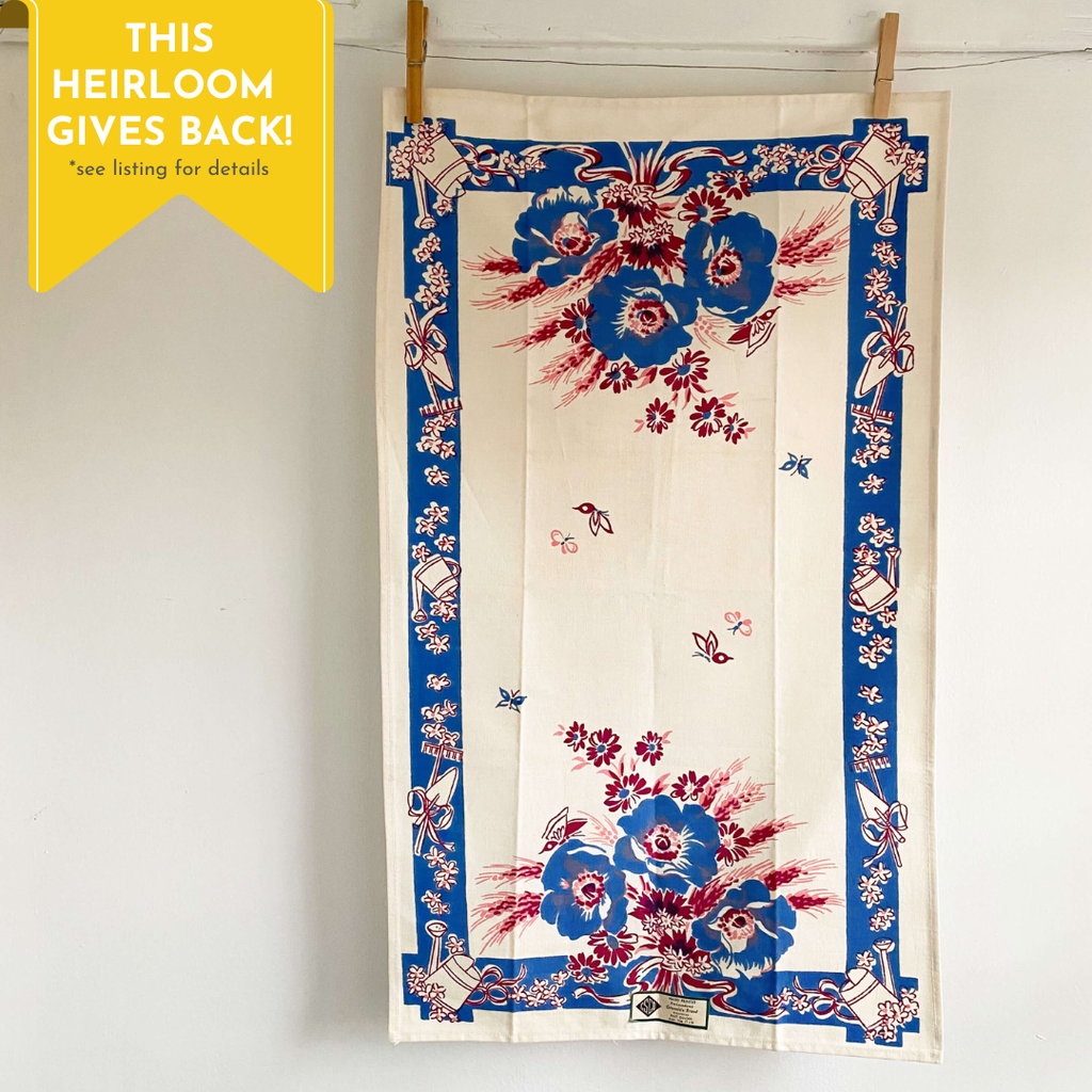 Vintage Greenisle Floral Linen Tea Towel with Original Paper Tag circa 1940s