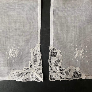 Vintage All White Embroidered Handkerchiefs with Lace Butterfly Corners - Set of Two