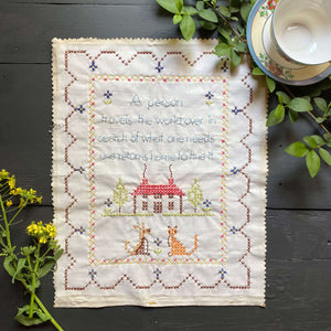 Vintage Cross-Stitch Embroidery Sampler with House Dog and Cat 11x14