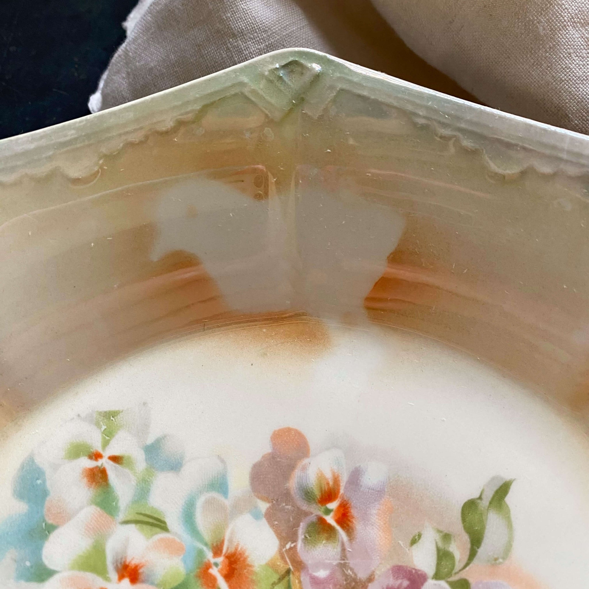 Antique Lustreware Serving Bowl with Airbrushed Chicks and Pansy Flowers