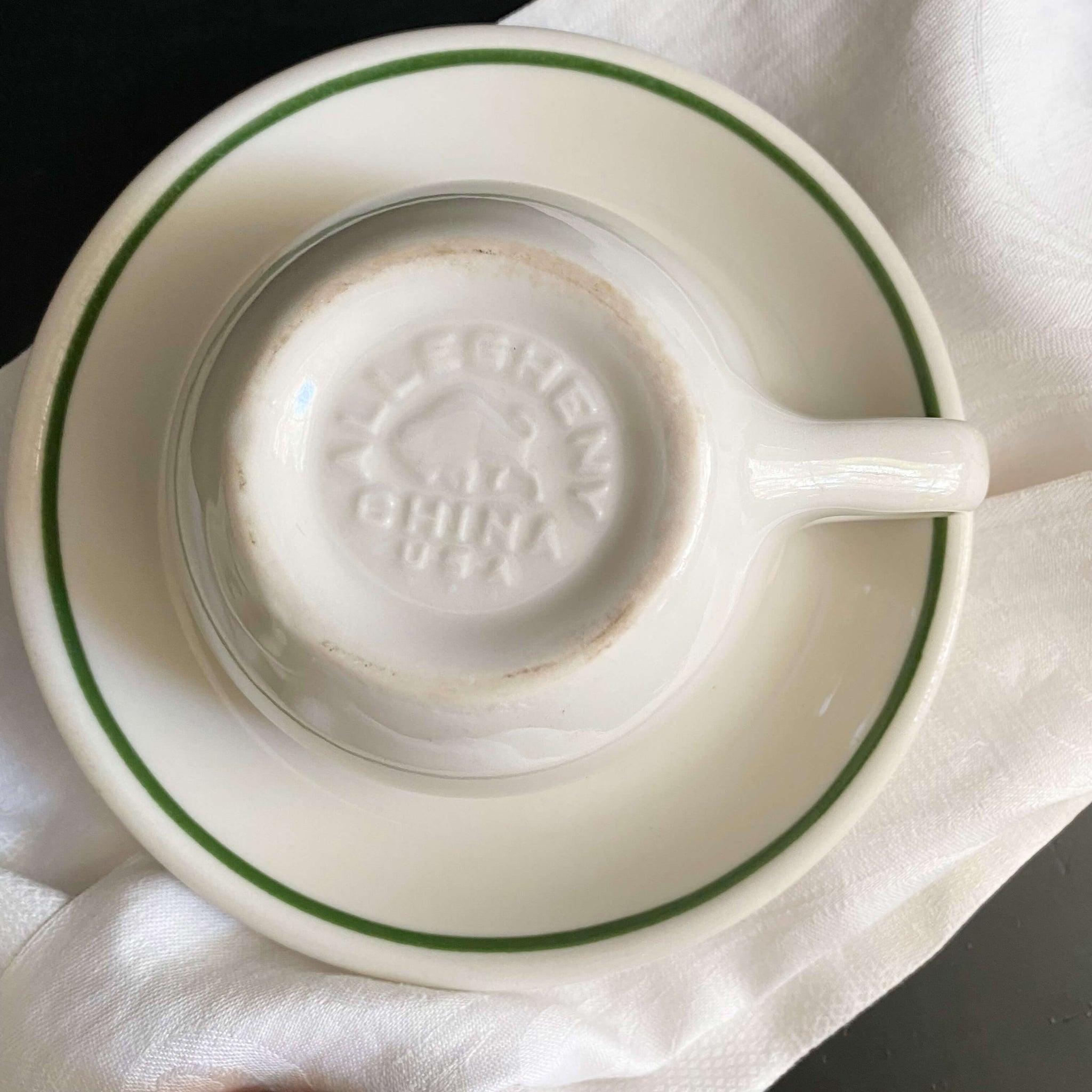 Vintage Green Striped Restaurant Ware Cups and Saucers by Buffalo China - Set of Two circa 1962-1986