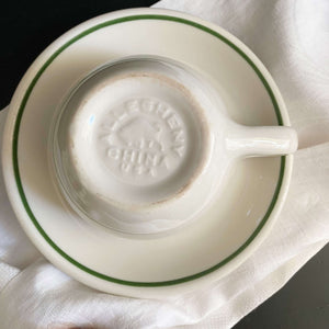 Vintage Green Striped Restaurant Ware Cups and Saucers by Buffalo China - Set of Two circa 1962-1986