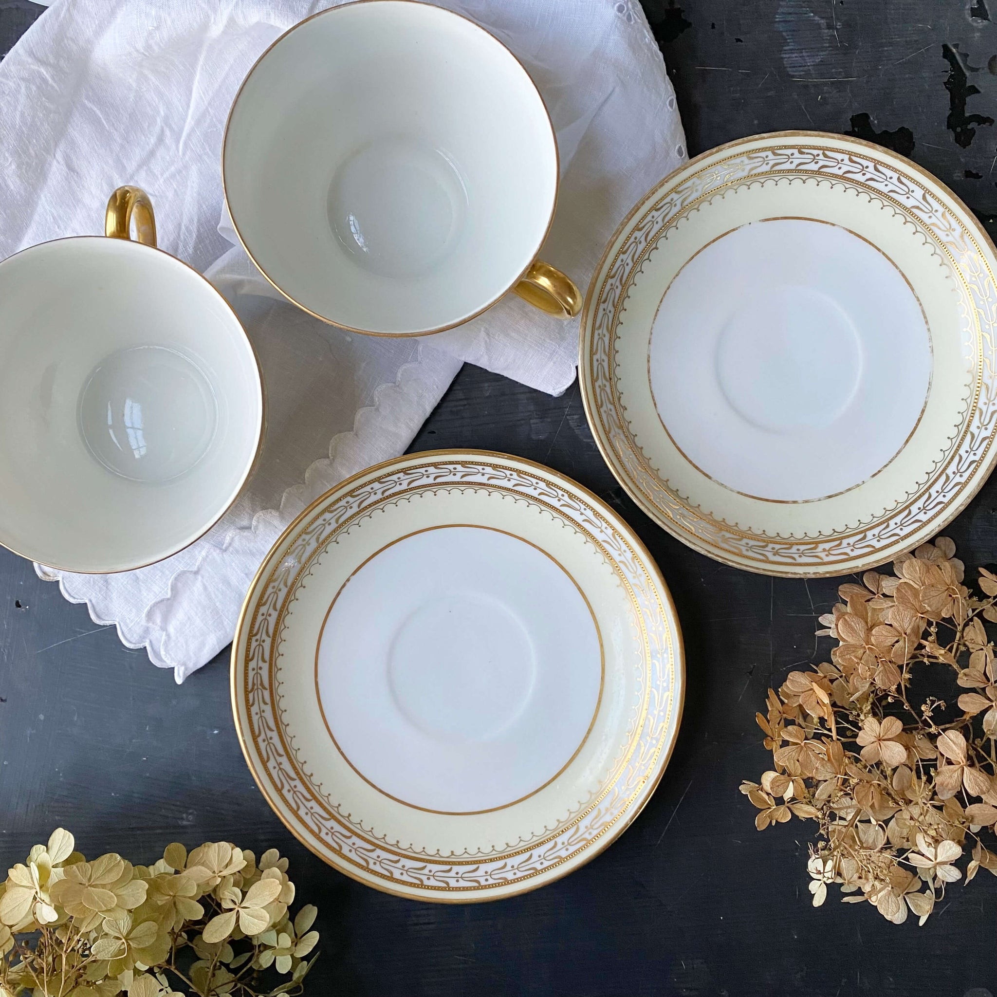 Antique Noritake Chanfaire Porcelain Cups and Saucers - Set of Two circa 1918