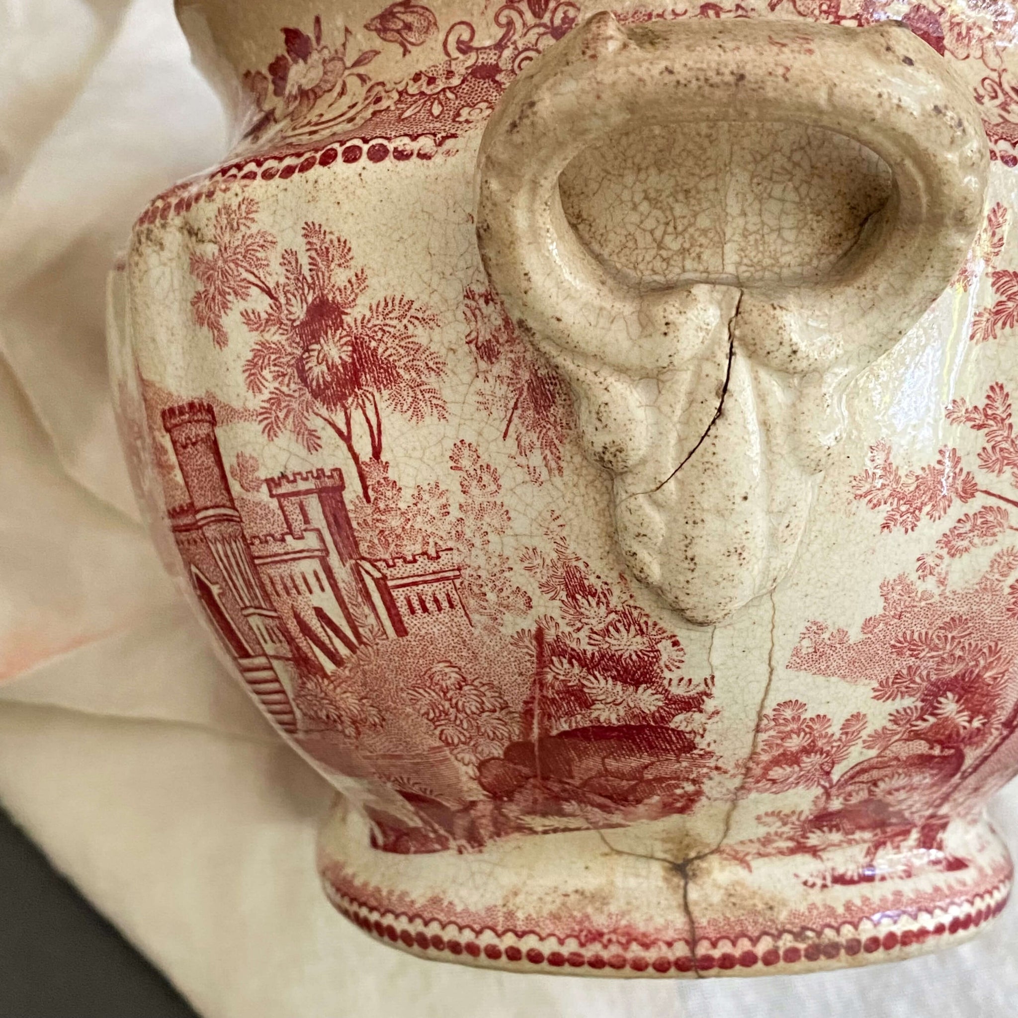 Rare Antique Weathered Red Transferware Sugar Bowl or Small Tureen - circa 1830s-1850s (Presumed)