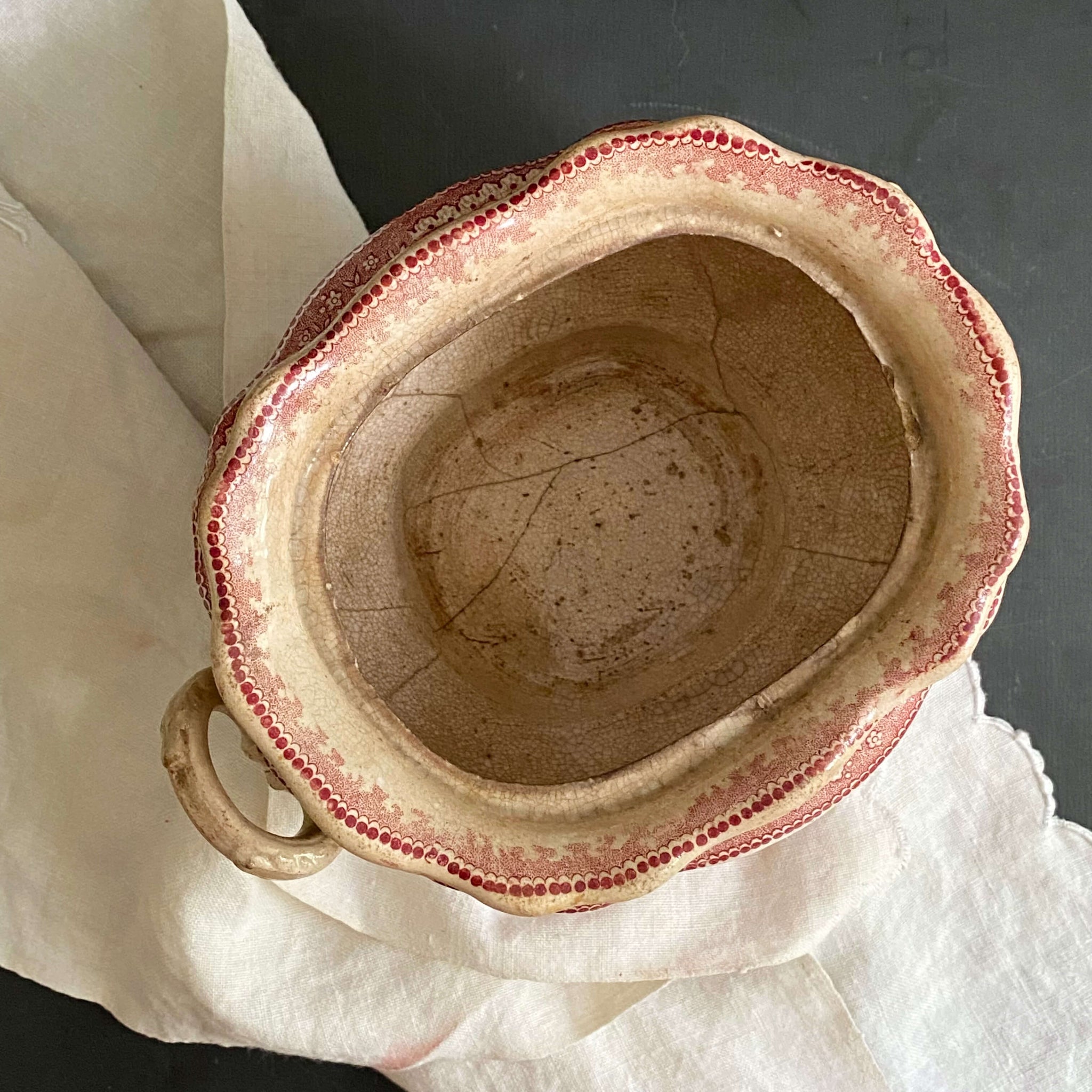 Rare Antique Weathered Red Transferware Sugar Bowl or Small Tureen - circa 1830s-1850s (Presumed)