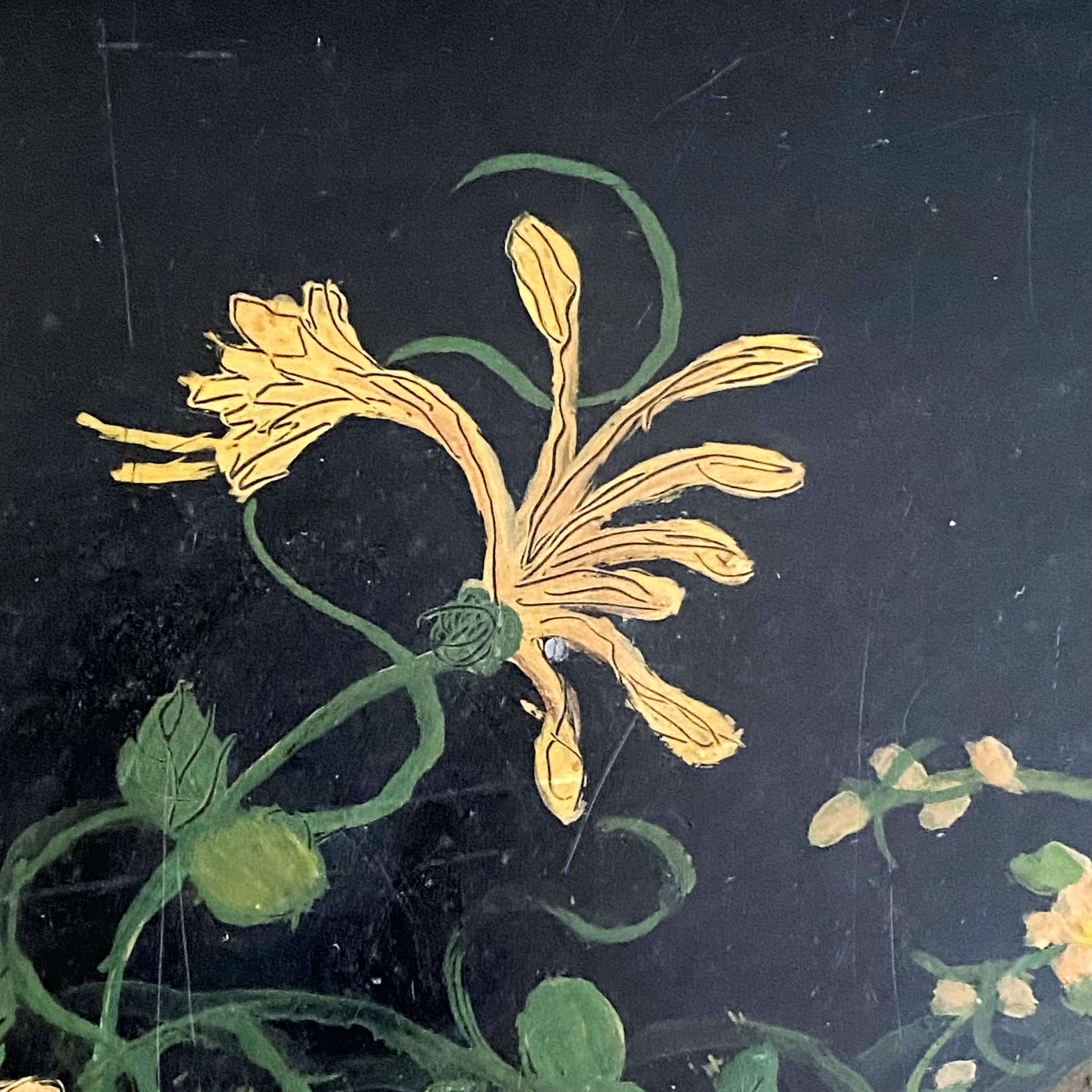 Antique Black Tole Tray with Hand-Painted Birds and Flowers - 16 x 22 Size
