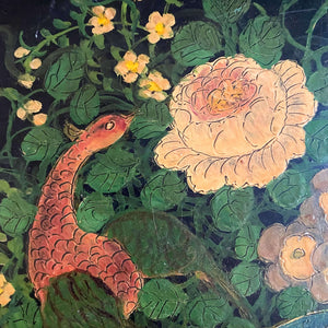 Antique Black Tole Tray with Hand-Painted Birds and Flowers - 16 x 22 Size
