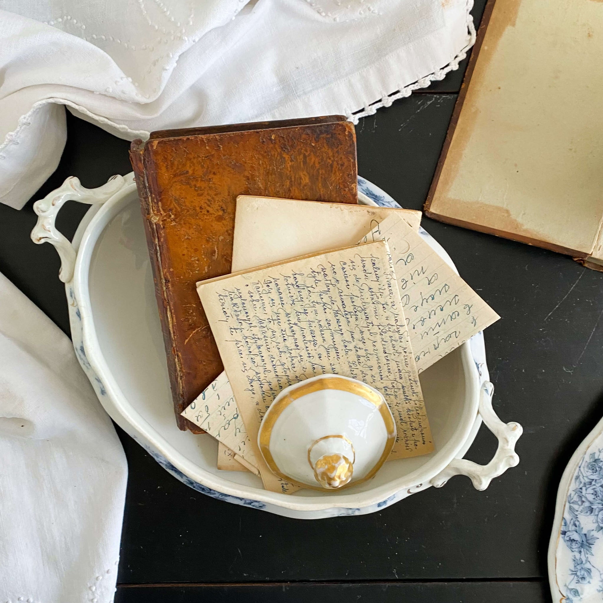 Antique Flow Blue Covered Vegetable Dishes & Platter Set - Marechal Neil by W.H. Grindley circa 1896