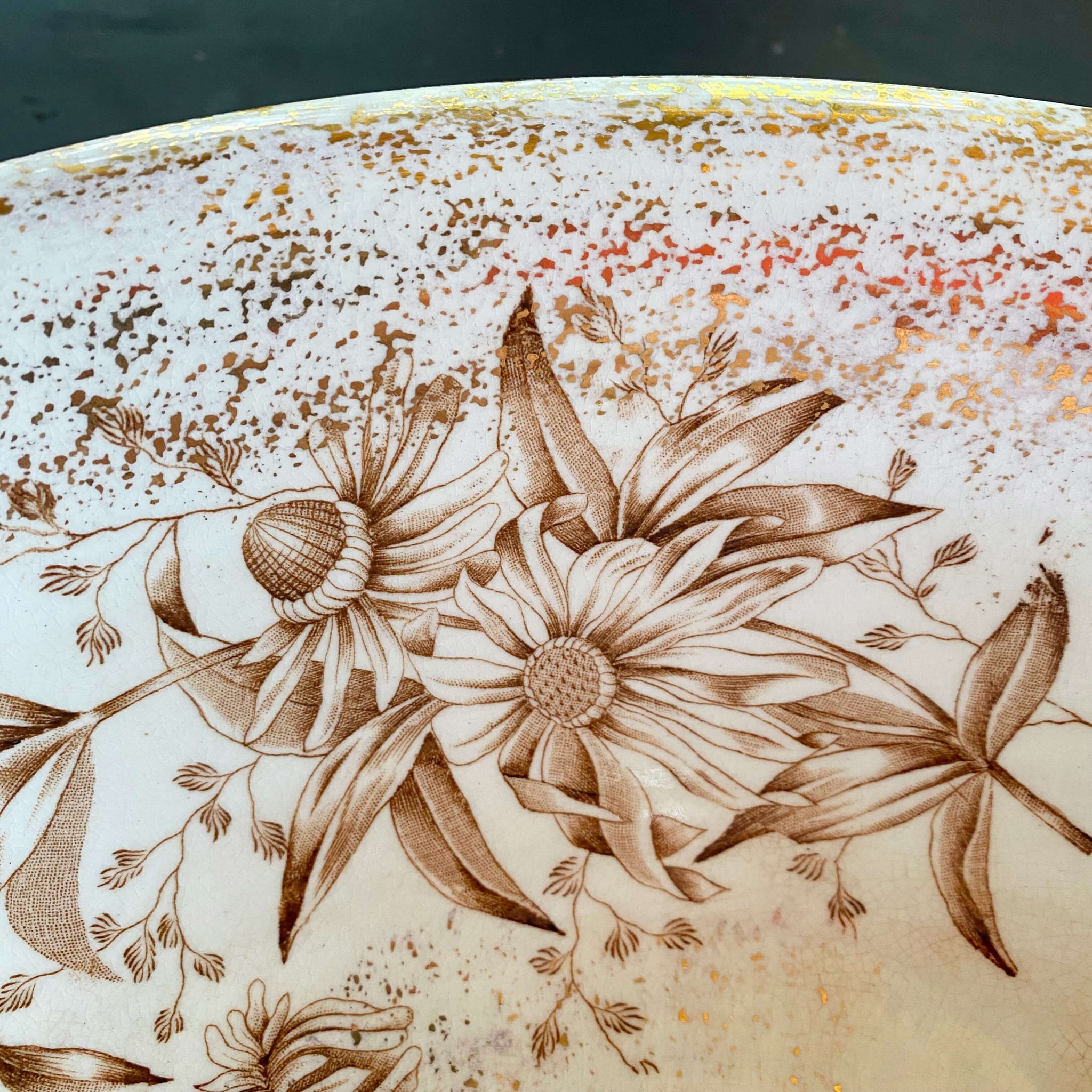 Antique Brown Floral Transferware Wash Basin Bowl with Rudebekia Flowers and Gold Sponge Painting