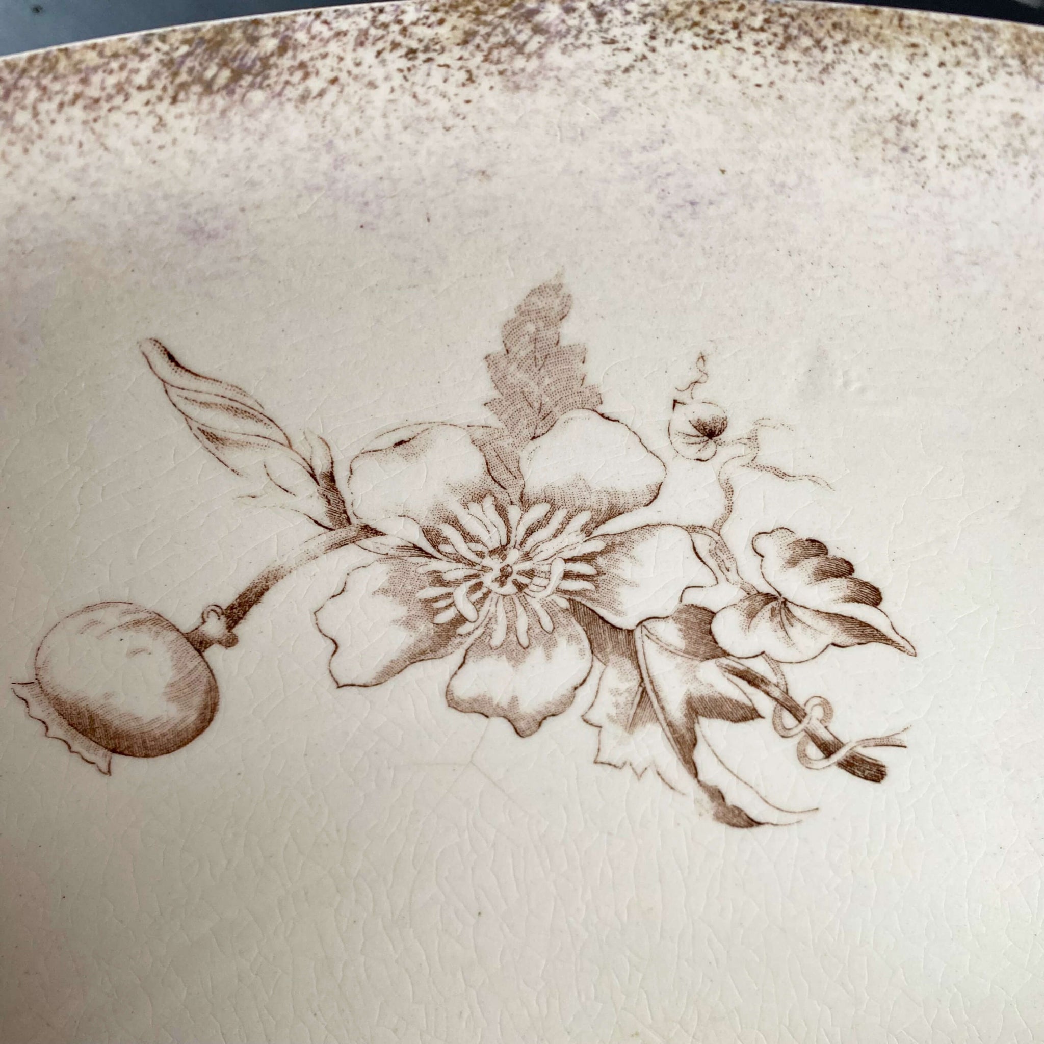 Antique Large Brown Transferware Wash Basin Bowl with Morning Glory & Mum Flowers
