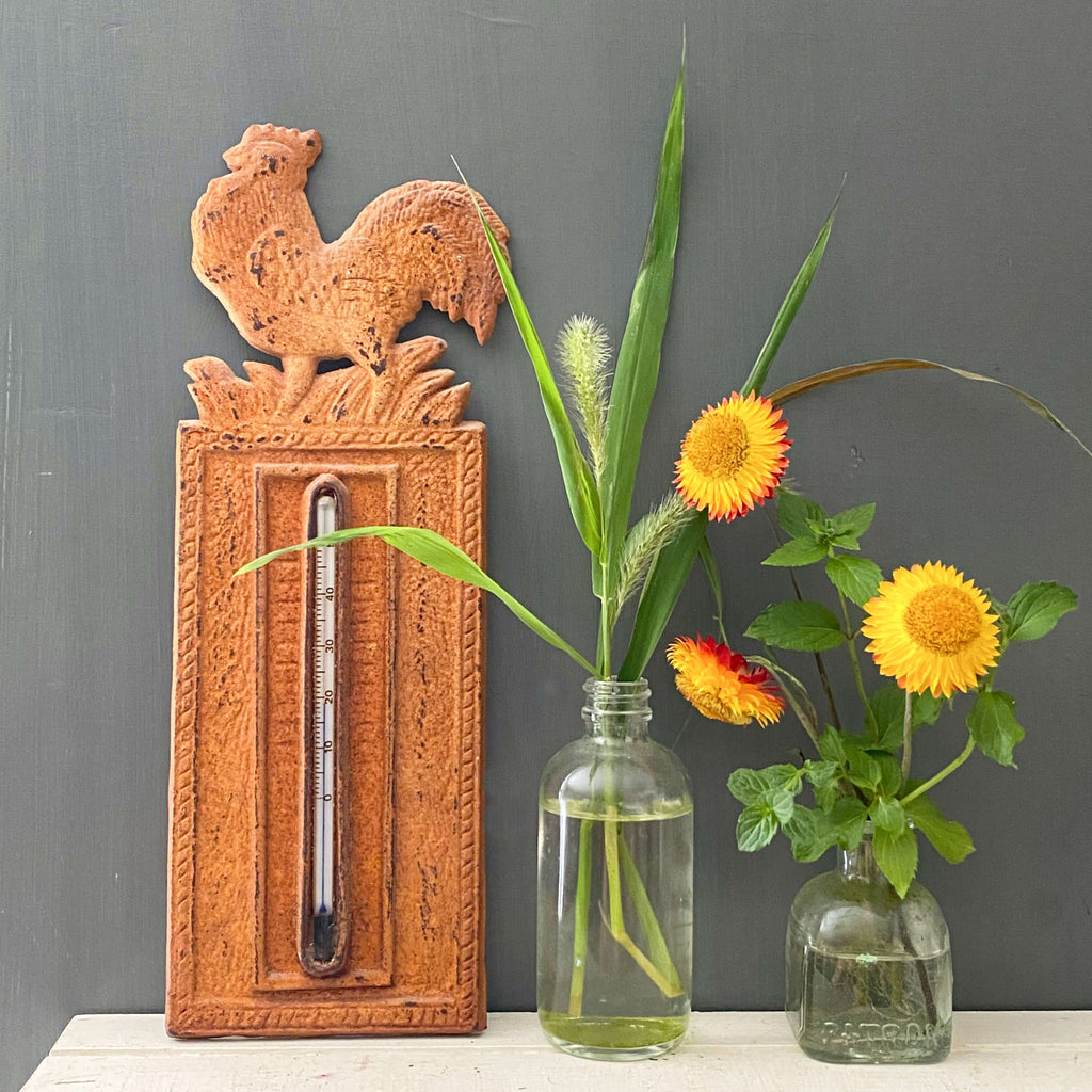 Antique Cast Iron Rooster Wall Thermometer - Celsius Temperature Gauge