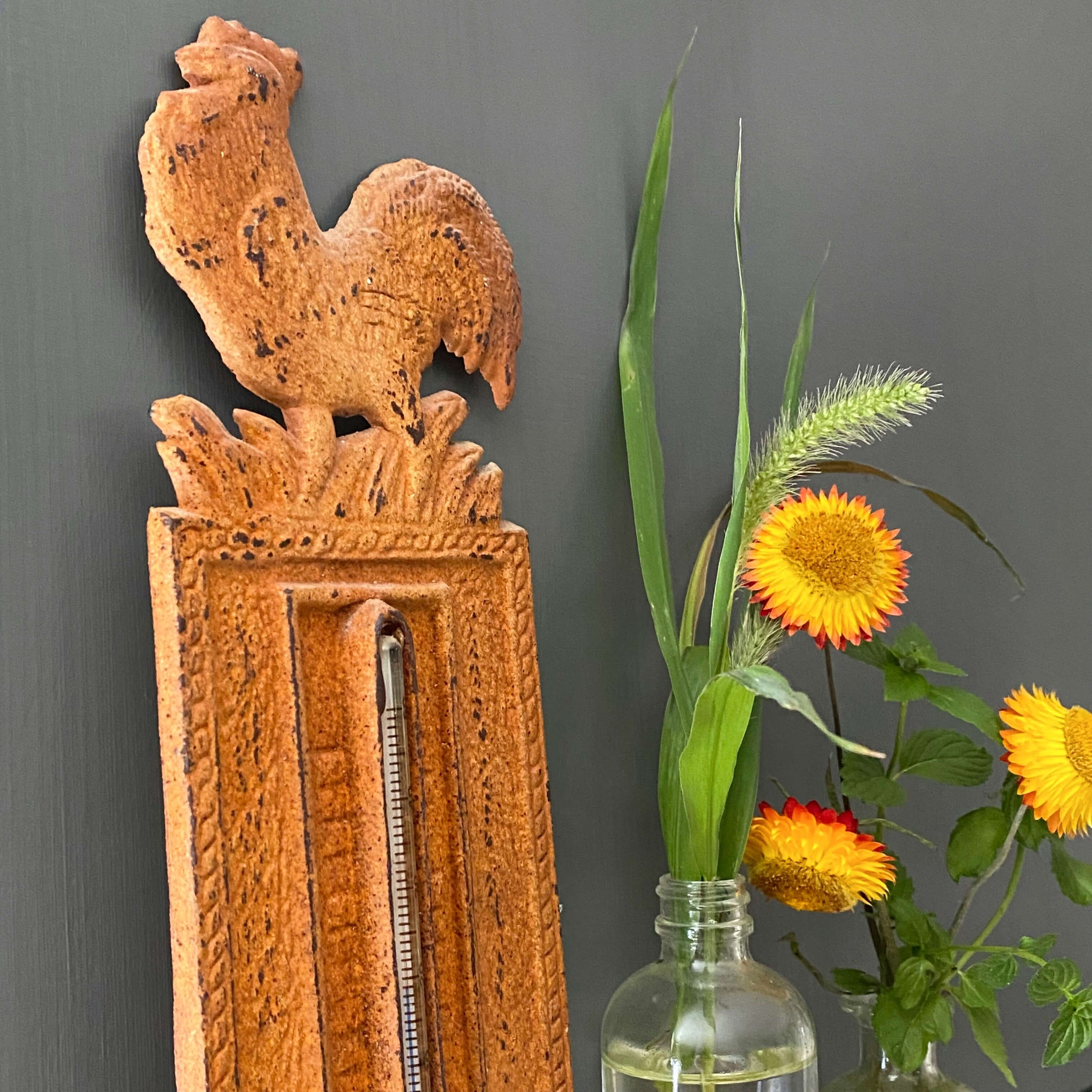 Antique Cast Iron Rooster Wall Thermometer - Celsius Temperature Gauge