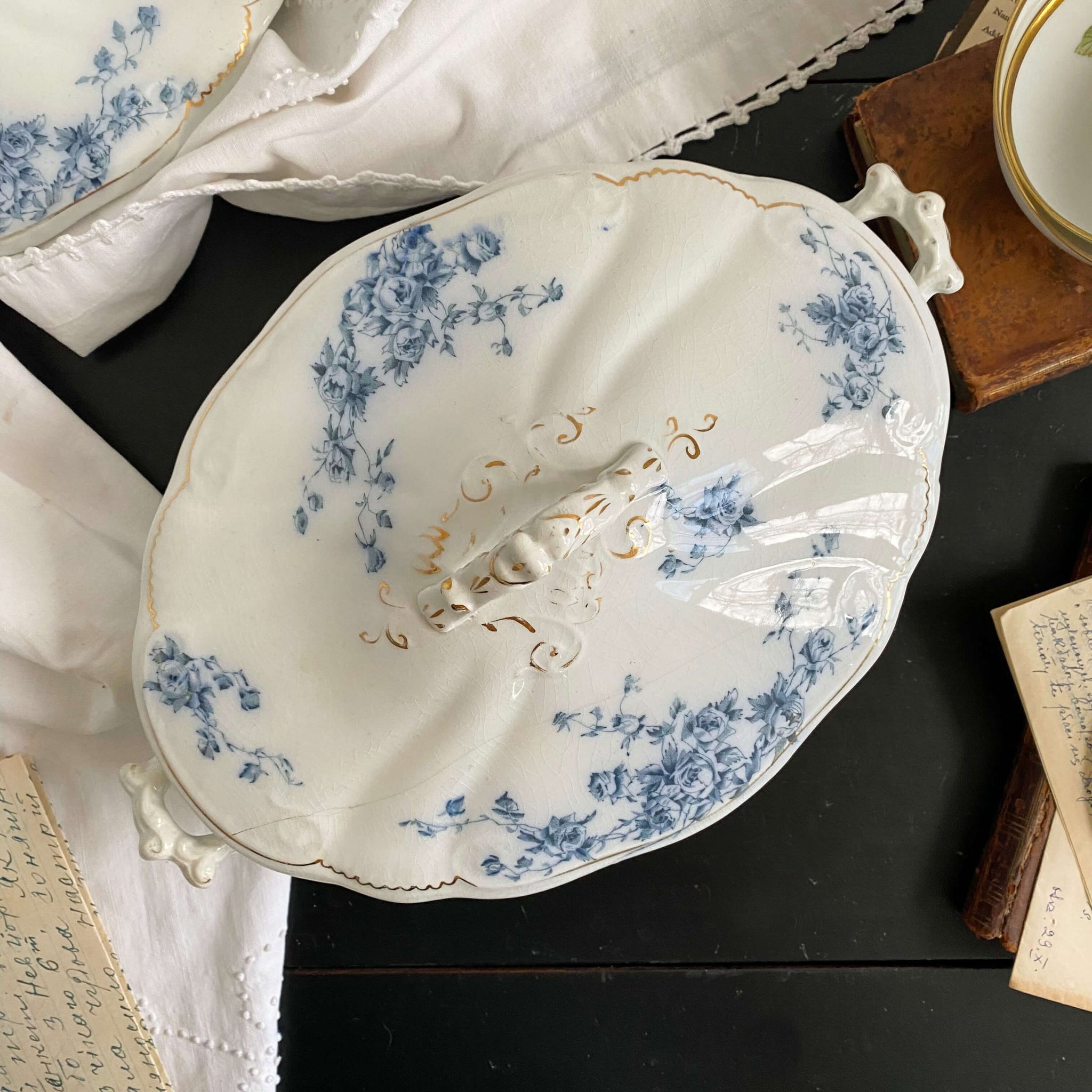 Antique Flow Blue Covered Vegetable Dishes & Platter Set - Marechal Neil by W.H. Grindley circa 1896