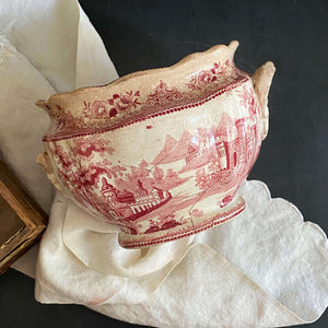 Rare Antique Weathered Red Transferware Sugar Bowl or Small Tureen - circa 1830s-1850s (Presumed)