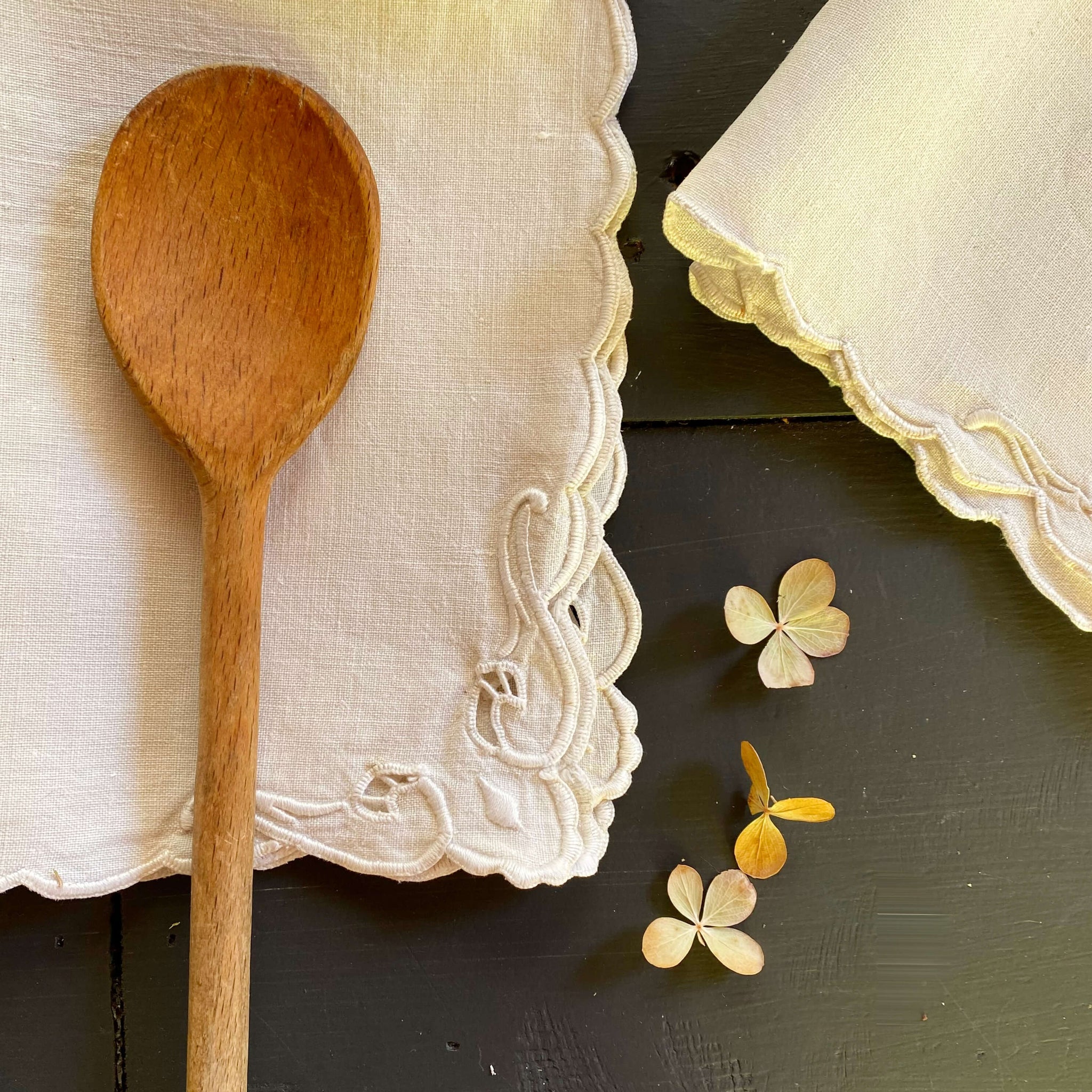 Antique Ivory Embroidered Table Linens - Napkins and Mats - Set of Five