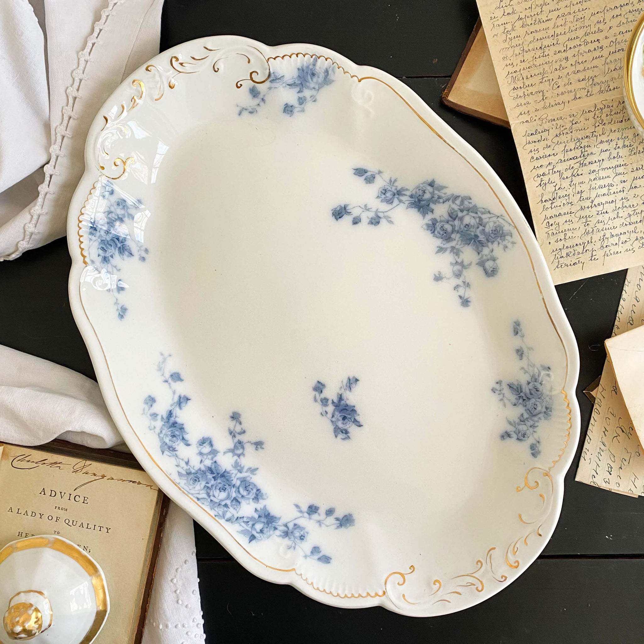 Antique Flow Blue Covered Vegetable Dishes & Platter Set - Marechal Neil by W.H. Grindley circa 1896