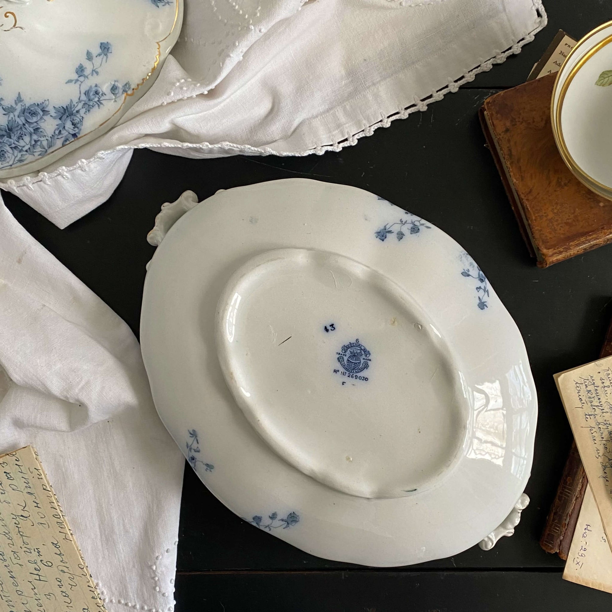 Antique Flow Blue Covered Vegetable Dishes & Platter Set - Marechal Neil by W.H. Grindley circa 1896