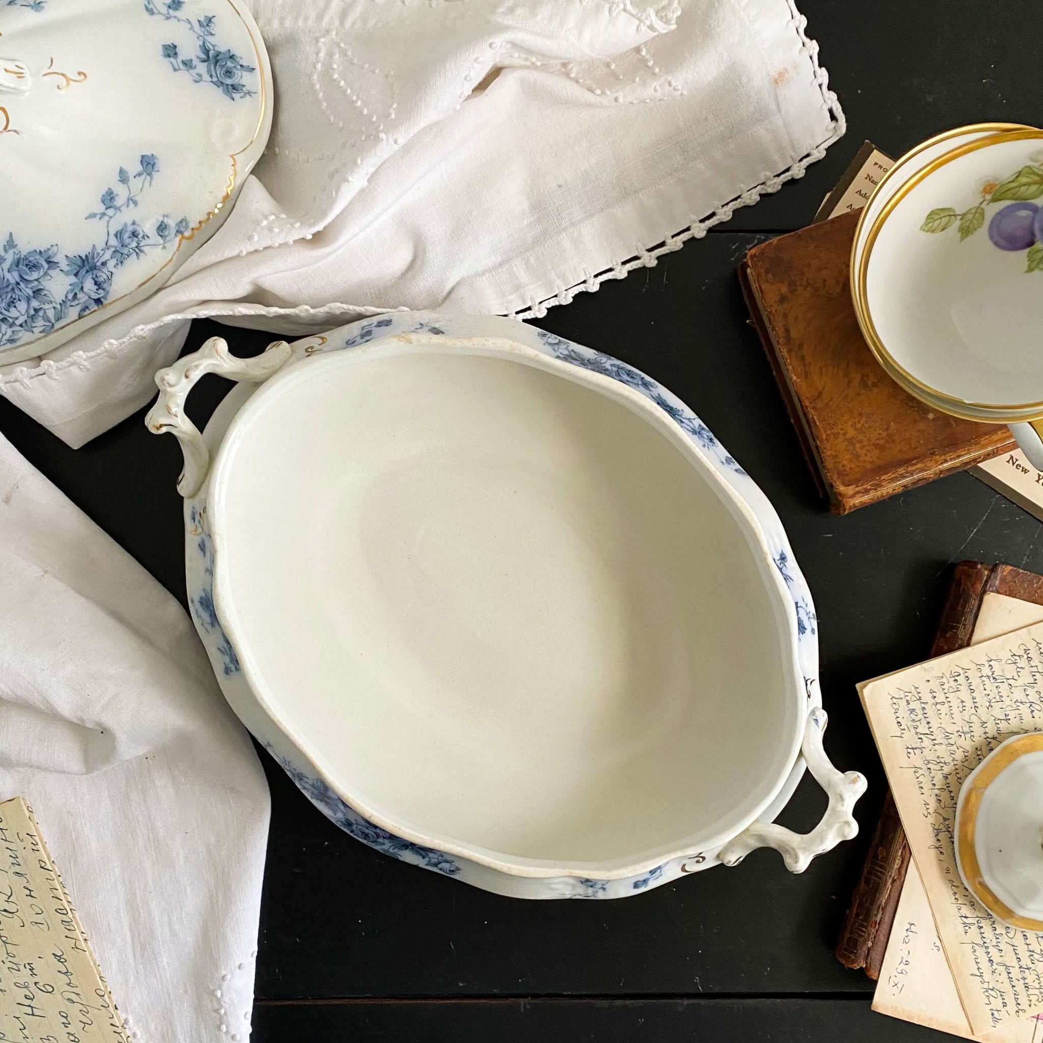 Antique Flow Blue Covered Vegetable Dishes & Platter Set - Marechal Neil by W.H. Grindley circa 1896