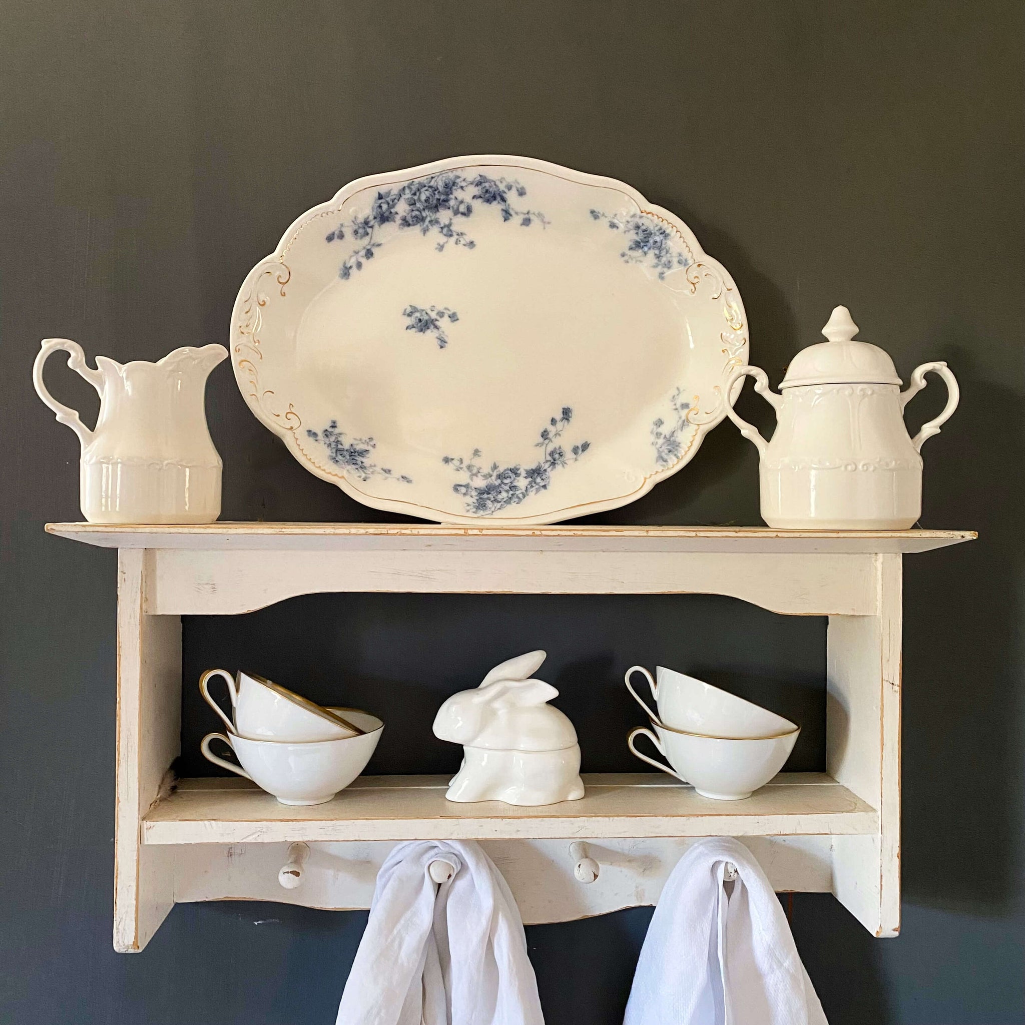 Antique Flow Blue Covered Vegetable Dishes & Platter Set - Marechal Neil by W.H. Grindley circa 1896