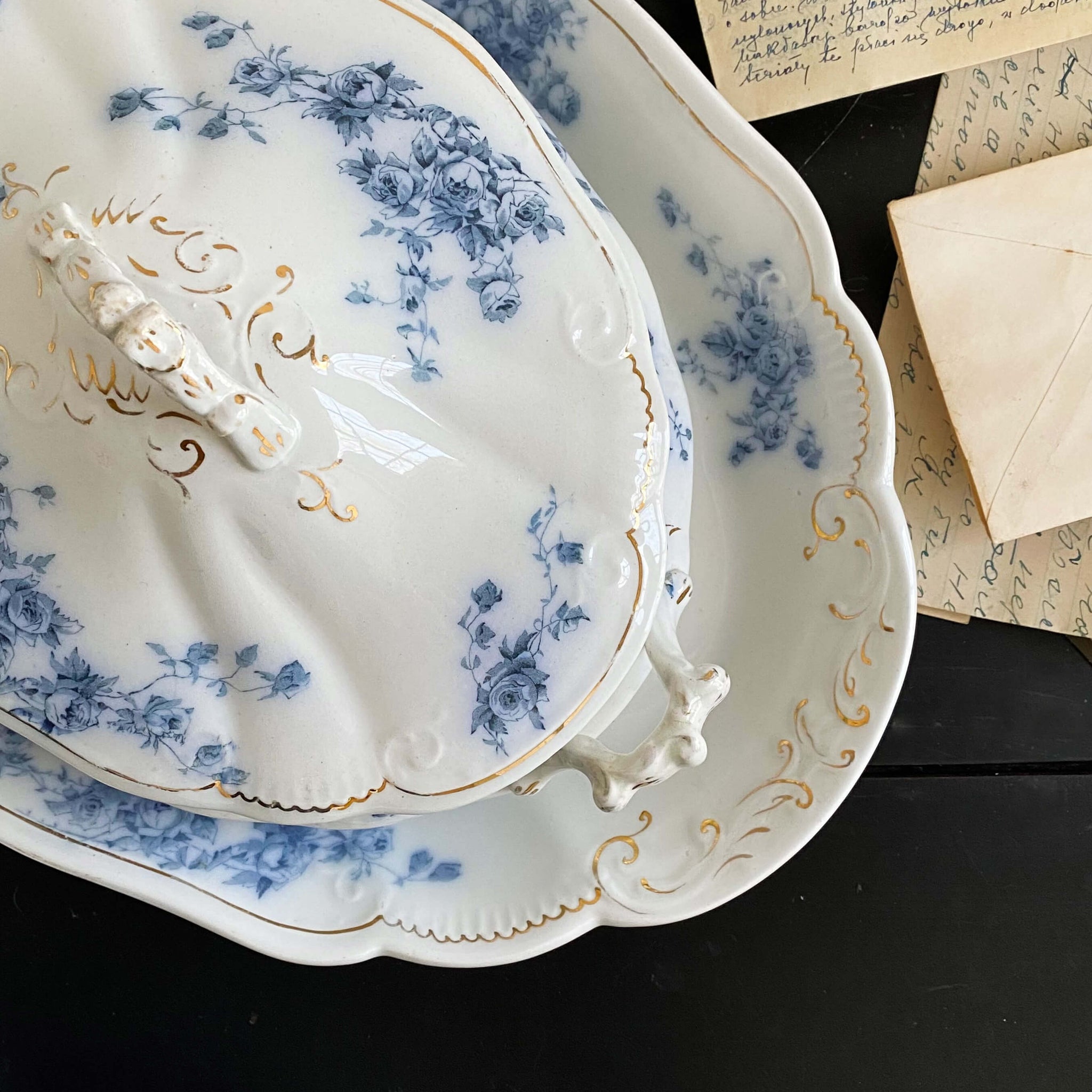 Antique Flow Blue Covered Vegetable Dishes & Platter Set - Marechal Neil by W.H. Grindley circa 1896