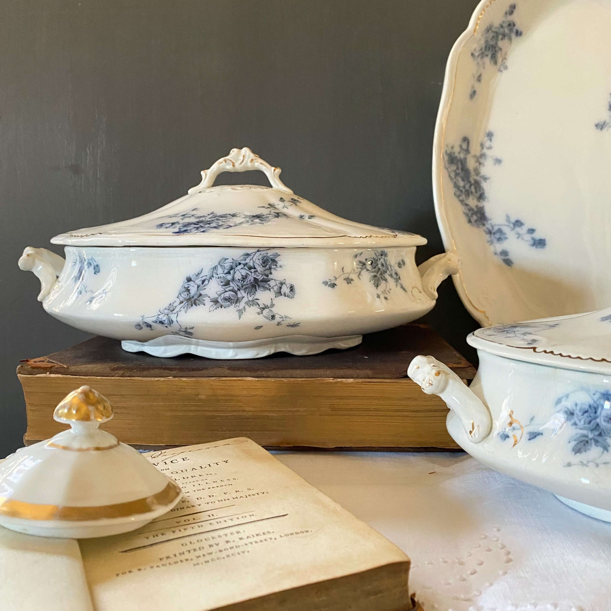 Antique Flow Blue Covered Vegetable Dishes & Platter Set - Marechal Neil by W.H. Grindley circa 1896