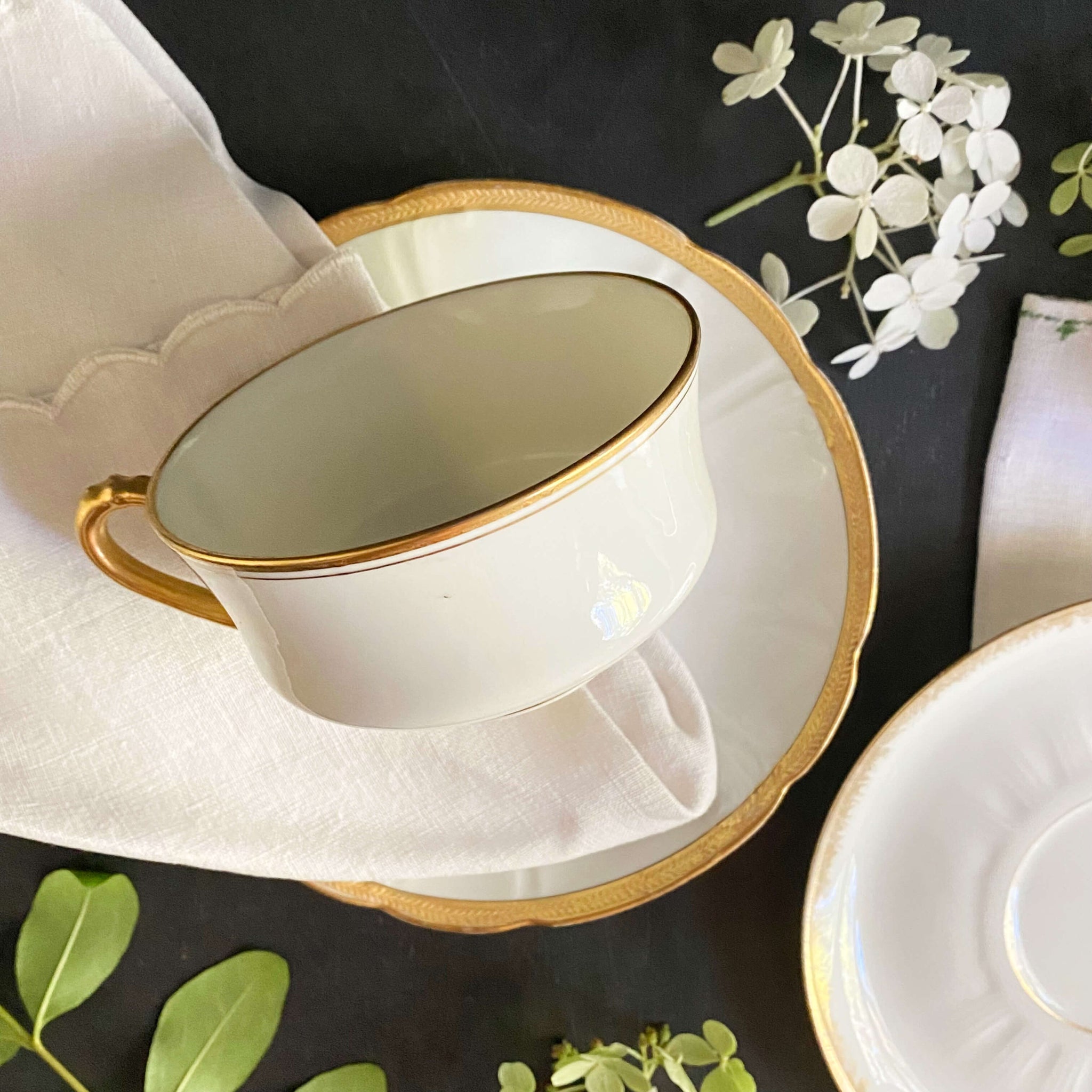 Antique Gold & White French Porcelain Cups & Saucers - Mismatched Set of Two circa 1880s-1930s