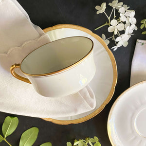 Antique Gold & White French Porcelain Cups & Saucers - Mismatched Set of Two circa 1880s-1930s