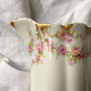 Antique French Porcelain Sugar Bowl and Creamer with Pink Peach Roses by Theodore Haviland Limoges circa 1903