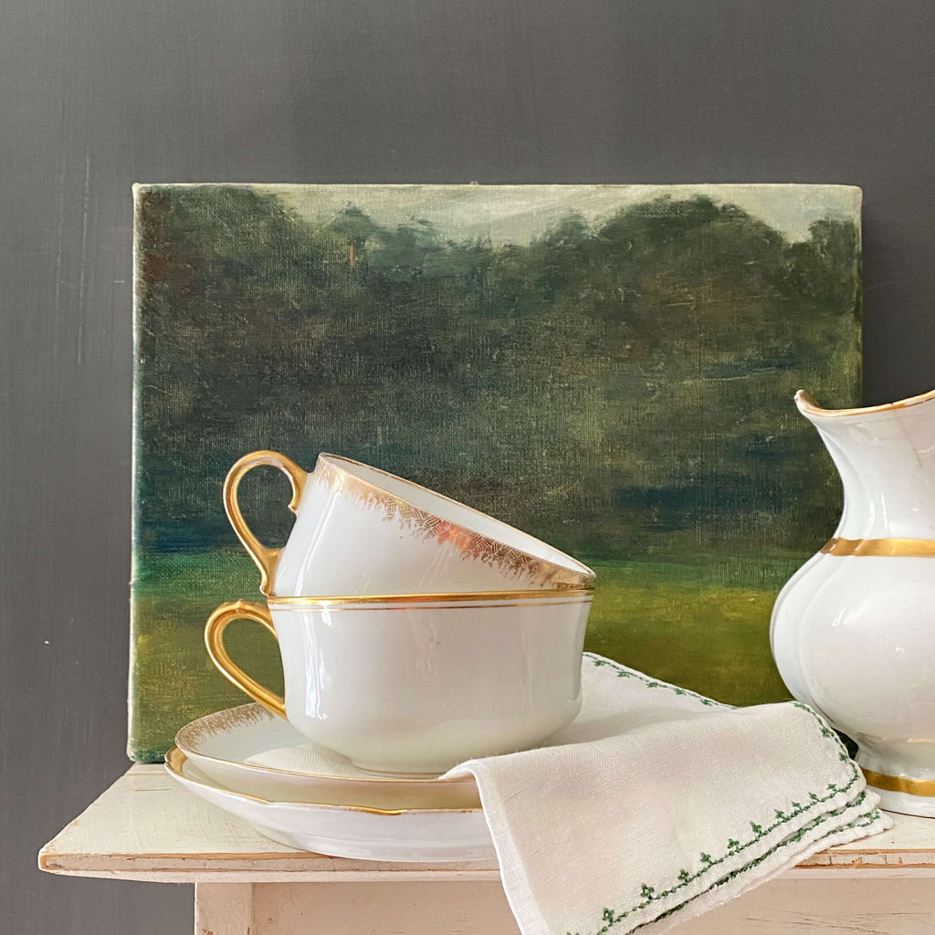 Antique Gold & White French Porcelain Cups & Saucers - Mismatched Set of Two circa 1880s-1930s