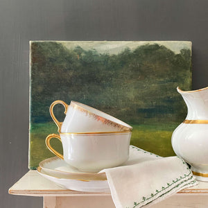 Antique Gold & White French Porcelain Cups & Saucers - Mismatched Set of Two circa 1880s-1930s
