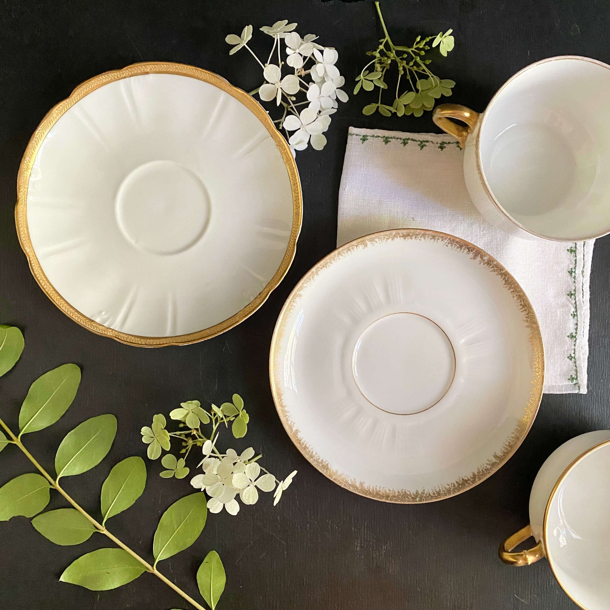 Antique Gold & White French Porcelain Cups & Saucers - Mismatched Set of Two circa 1880s-1930s
