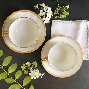 Antique Gold & White French Porcelain Cups & Saucers - Mismatched Set of Two circa 1880s-1930s