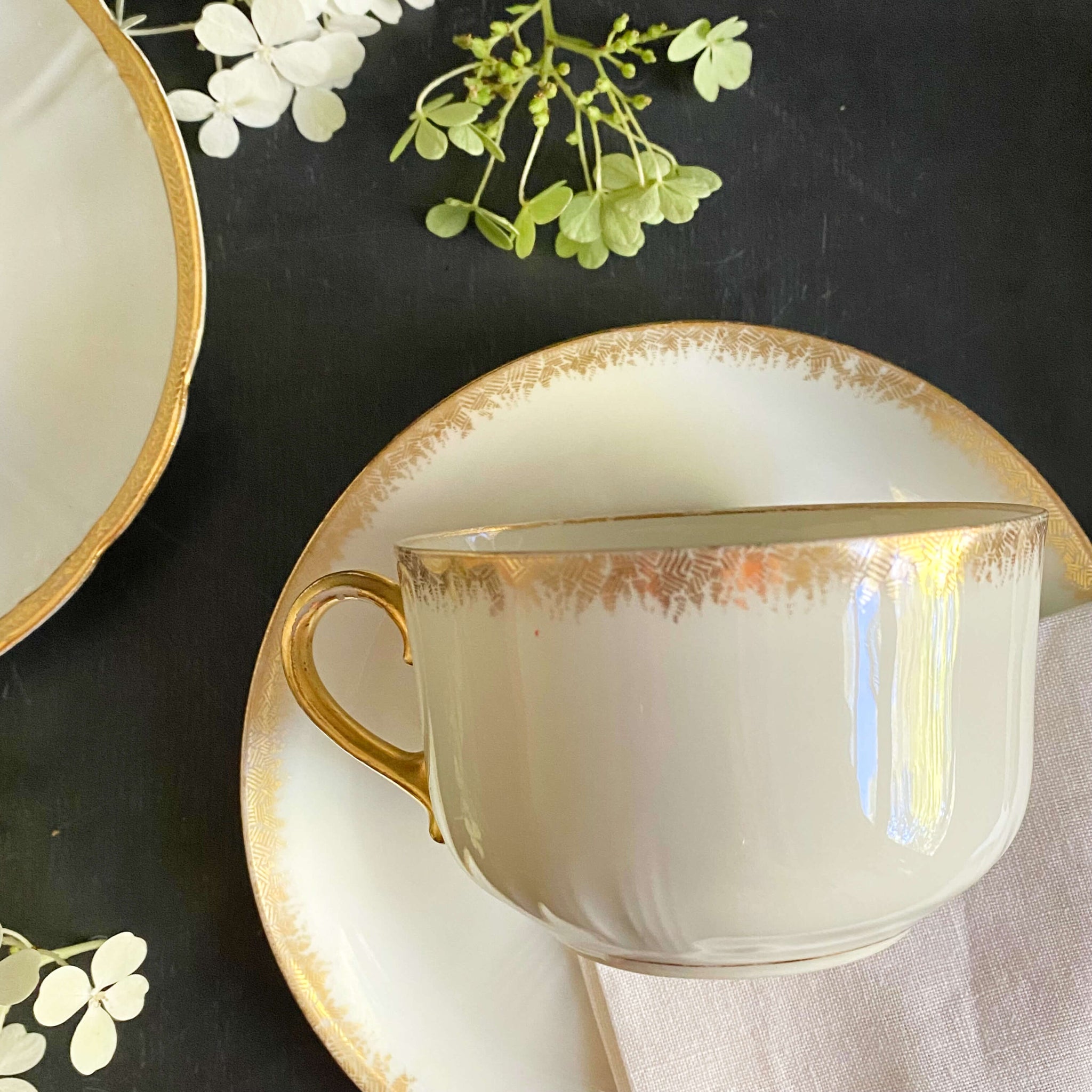 Antique Gold & White French Porcelain Cups & Saucers - Mismatched Set of Two circa 1880s-1930s