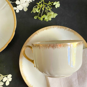 Antique Gold & White French Porcelain Cups & Saucers - Mismatched Set of Two circa 1880s-1930s